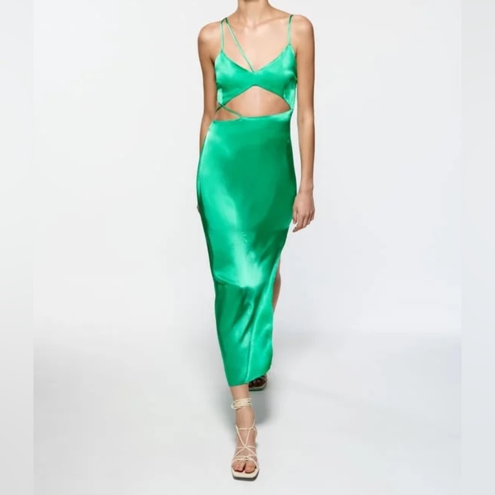 NWT Zara Satin Asymmetric Midi Dress - Green